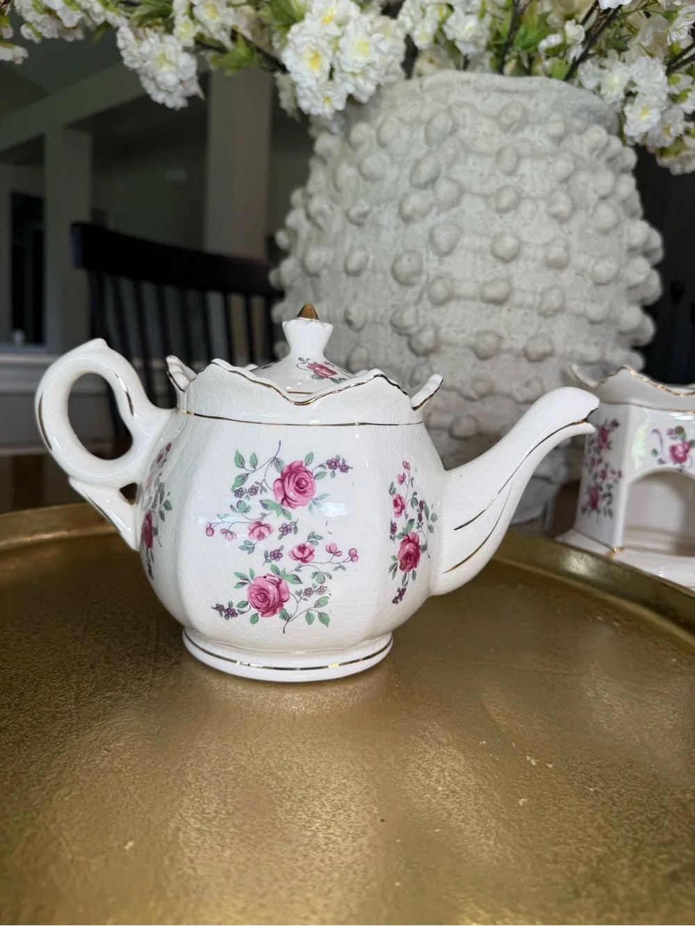 White Porcelain Pink Rose Teapot with Warmer - Classic Floral Design